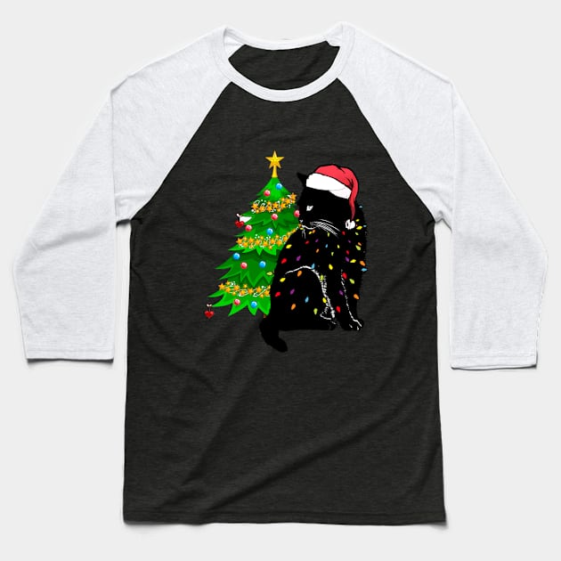 Black Cat christmas light tshirt funny cat lover christmas Baseball T-Shirt by Ghani Store